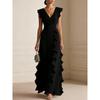 Elegant V-Neck Solid Color A-Line Midi Dress Women Sophisticated Wrap Detail Sleeveless Occasion