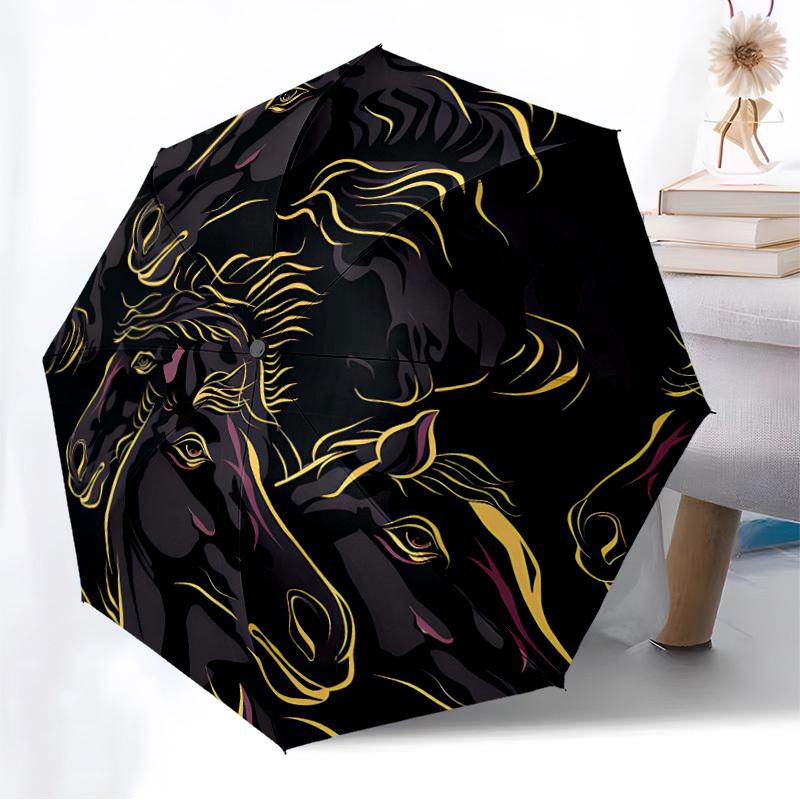 1PC Horse Pattern Automatic Folding Umbrella - Compact 8-Rib Design, Durable Plastic & Iron, Lightweight for Outdoor Daily Use, Festive Gift050