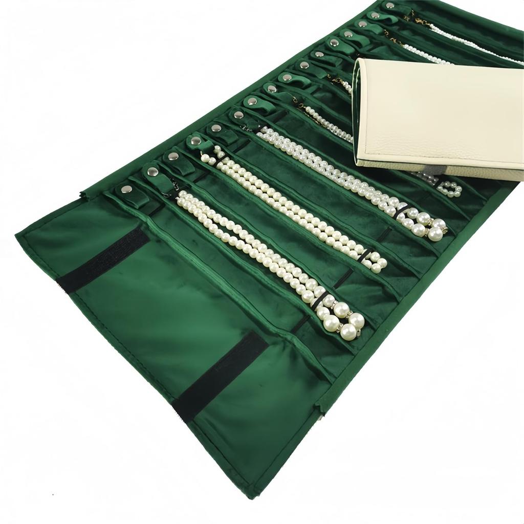 AACV Portable Jewelry Roll Necklace Storage Holds 16 Travel Jewelry Portable Accessory Safe Easy to Display Storage Bag White PU Leather and Case,
