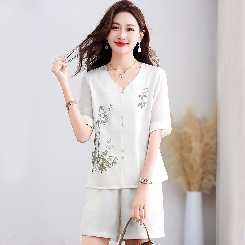 

Комплект из двух предметов из шёлка с короткими рукавами, женский летний повседневный комплект из двух предметов L белый