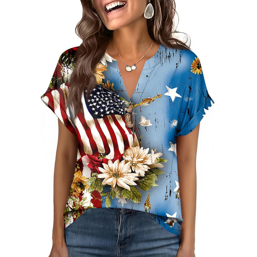 Women's Fashionable Casual Loose-Fit Short-Sleeved Button-Up V-Neck Printed T-Shirt Top