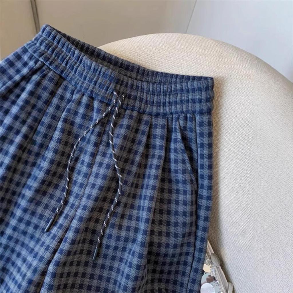 Navy Plaid Petite High-Waisted Fleece Pants - Women's Drawstring Floor-Length Slimming Pants for Autumn/Winter