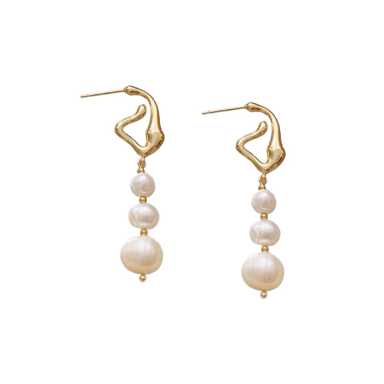 925 Silver Needle Baroque Freshwater Pearl Stud Earrings Fashion French Design Sense Metal Thread Freshwater Pearl Earrings Silver needle