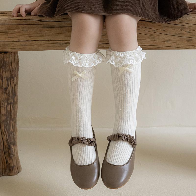 Girls' Tube Socks Japanese Lolita Lace Bow Pile Pile Socks Ballet Style Double Needle Children's Cotton Socks