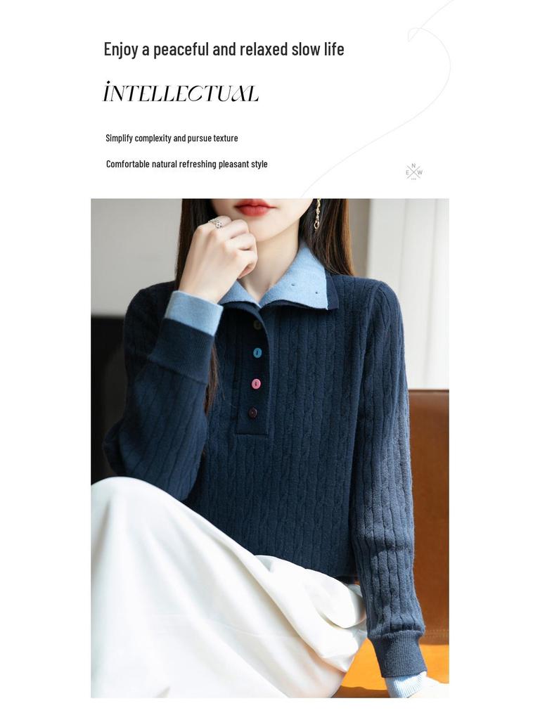 High-End Women's Retro Cable Knit Sweater: Two-Piece, Half-Open Collar, Korean Style, Autumn/Winter Slimming Knitwear
