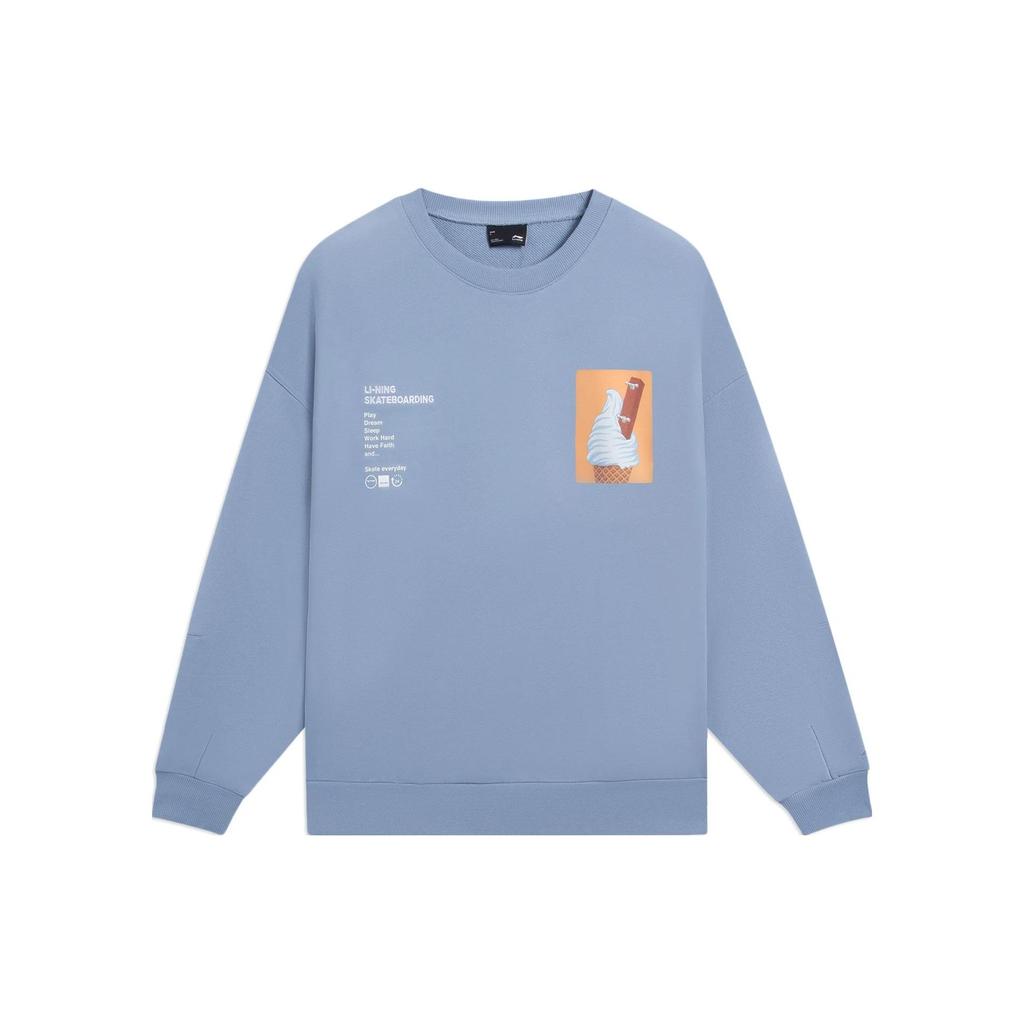 Li Ning Skateboard Series Logo Print Letter Round Neck Pullover Loose Sweatshirt Unisex sweatshirt Soft-Gray-Blue AWDS911-1