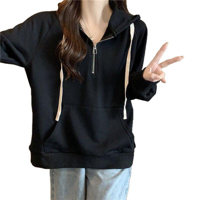2025 Fall/Winter Women's Korean-Style Loose Half-Zip Hoodie with Slimming Velvet