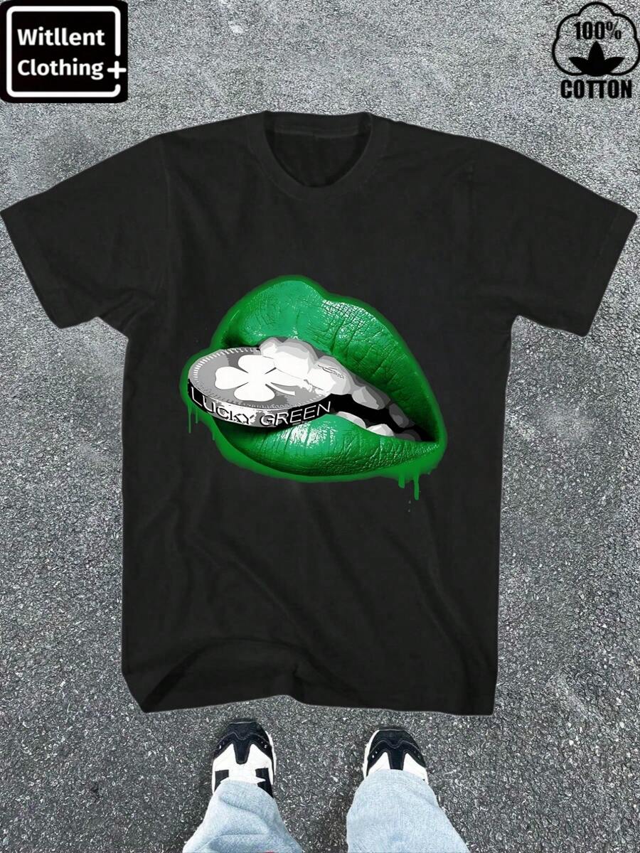 

Witllent Unisex s Lucky Green Design Printed Lips Coin T-Shirt L
