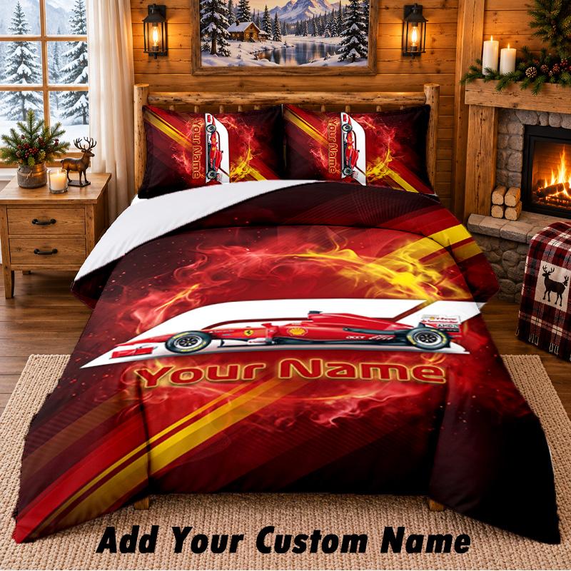 F1 Muster Bettwäsche 3-teiliges Set Benutzerdefinierter Name, Bettlaken und Kissenbezüge für Zuhause Schlafzimmer