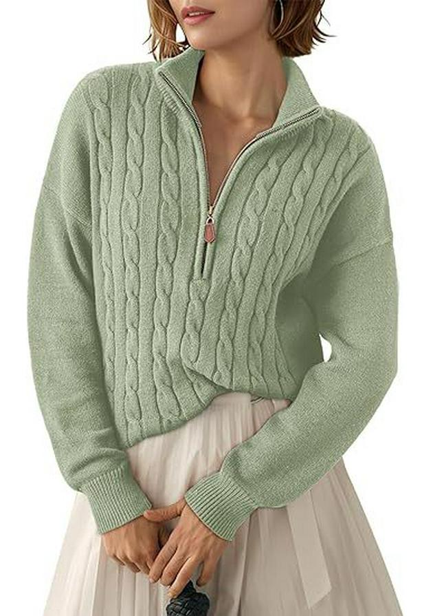Women's Half-High Collar Zipper Ribbed Knit Pullover Sweater, Short-Sleeve, Loose Fit, 2025 Autumn/Winter Collection.