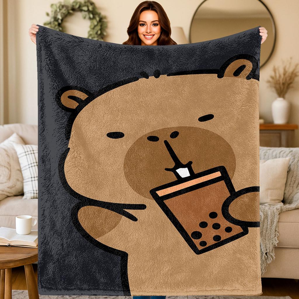 Capybara Boba Tee Druck Flanelldecke Mehrere Größen Waschbar Tierfreundlich Ganzjahres Sofa Camping Geschenk