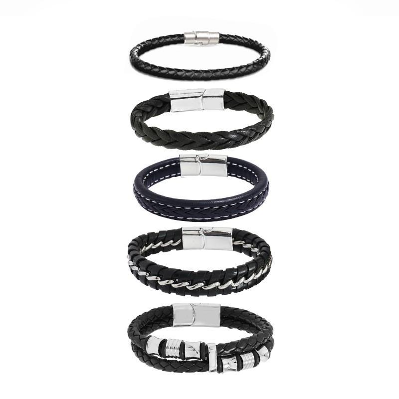 Mens Leather Braided Magnetic Multi-Layer Bracelet Set Geometric Style Unisex Handmade Jewelry