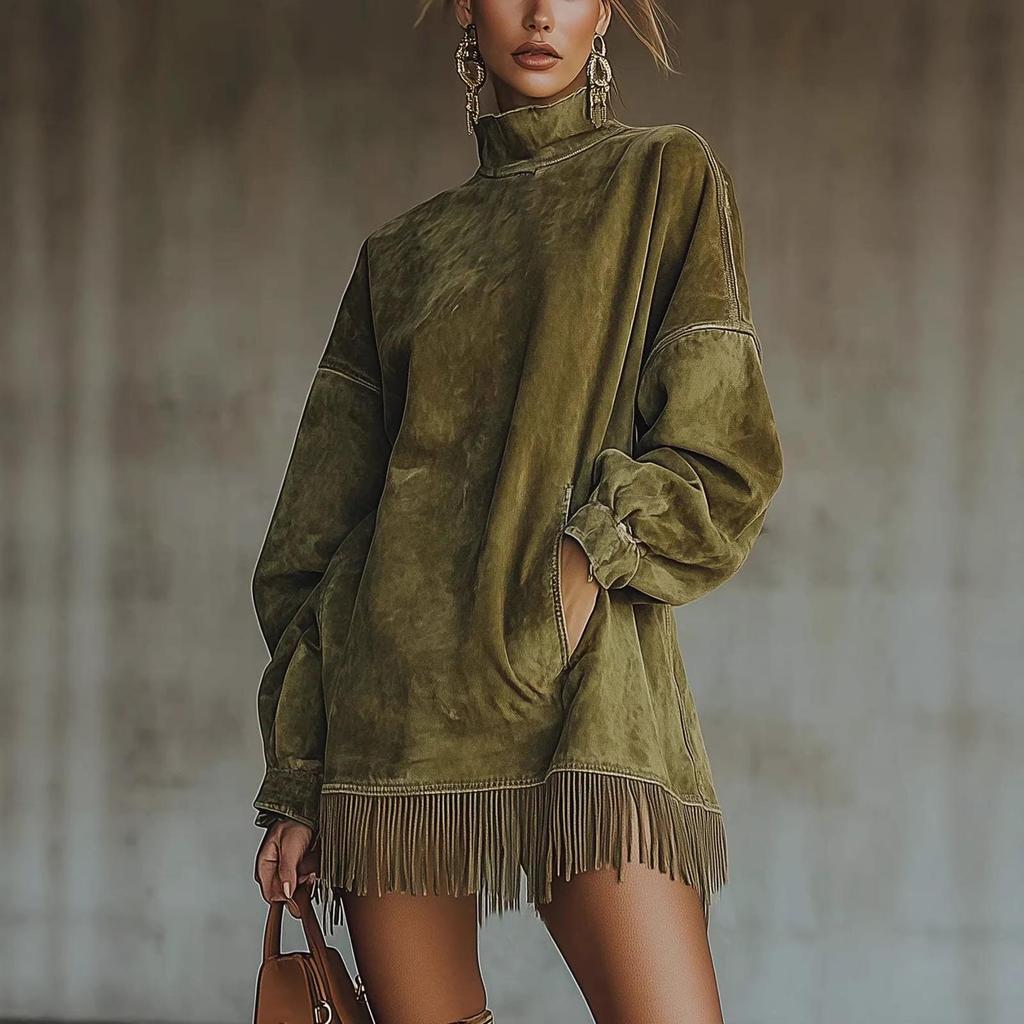 2026 High Neck Suede Dress with Tassels and Pockets
