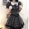 Summer atmosphere college plaid square neck dress women's high-end niche waist lace bubble sleeve puff dress