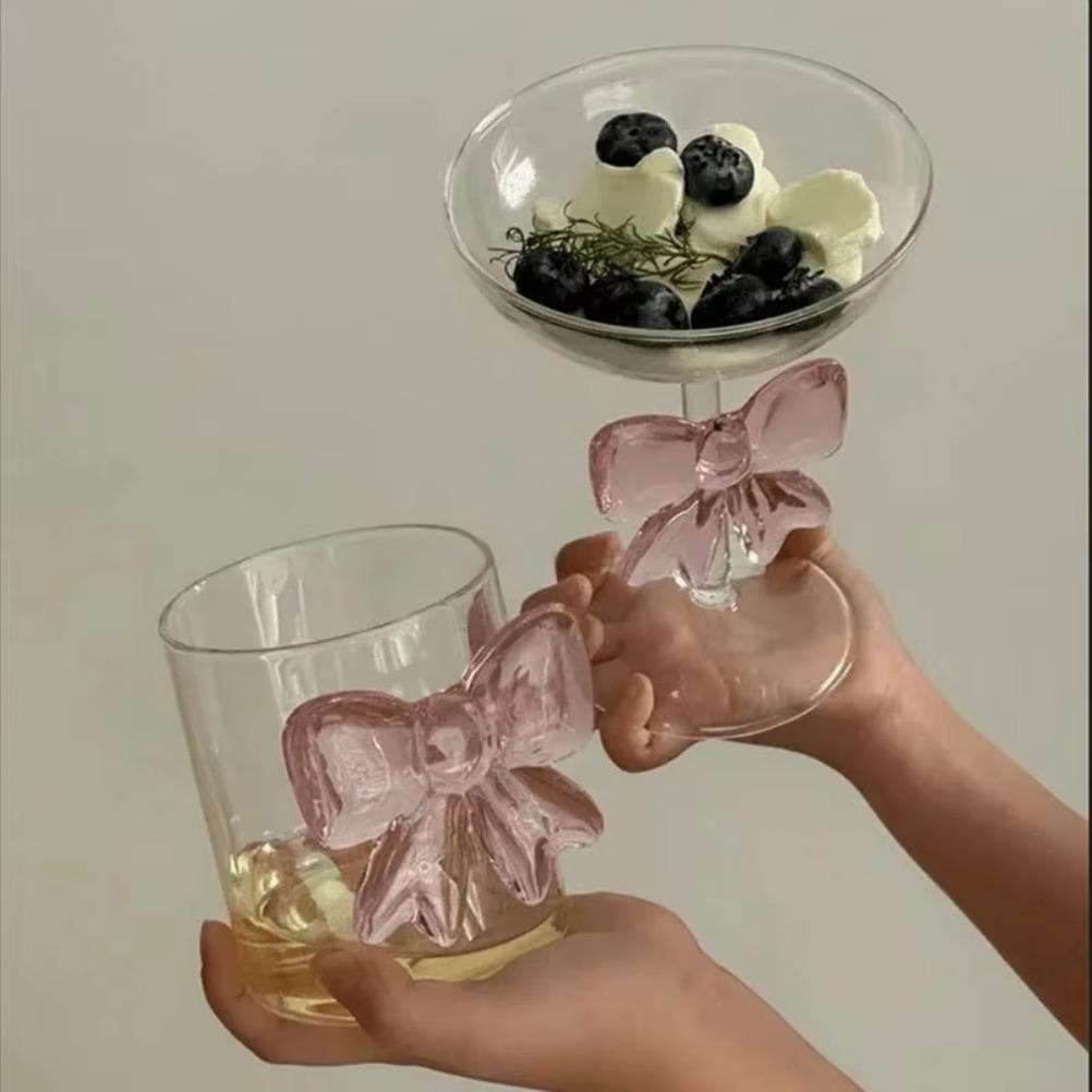 Decorazione in Vetro con Fiocco Rosa Bicchiere Calice Manico a Fiocco Occhiali Resistente al Calore Alto Borosilicato Ciotola per Dessert Gelato Regali per Feste