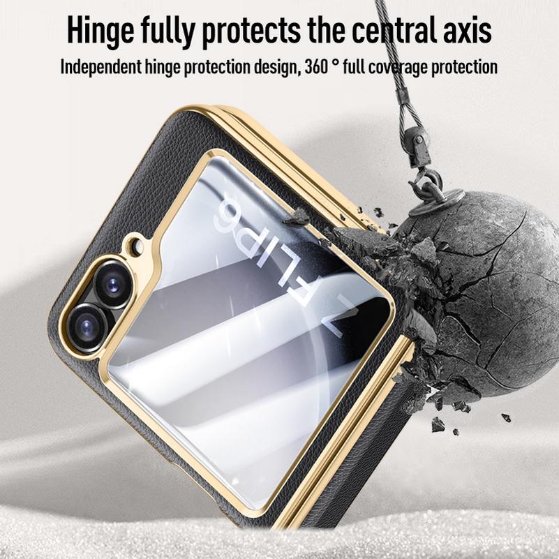 Electroplate Spring Hinged Plain Leather Tempered Glass Protect Case For Samsung Z Flip 6 5 Galaxy Z Flip6 5 All-inclusive Cover