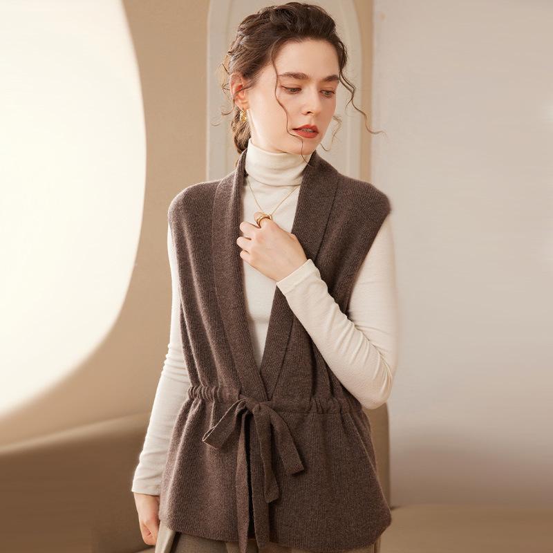 Trendy Women's Slimming Cashmere Vest: Sleeveless Knit Cardigan with Drawstring Tie Shoulders
