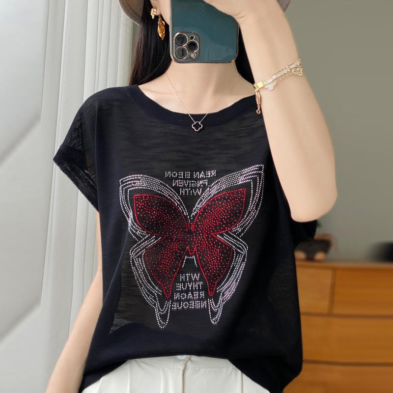 

Летний бамбуковый трикотаж и конопляная футболка с коротким рукавом, свободный крой, круглый вырез, тонкий, глаженый, топ-свитер с бабочкой XXL