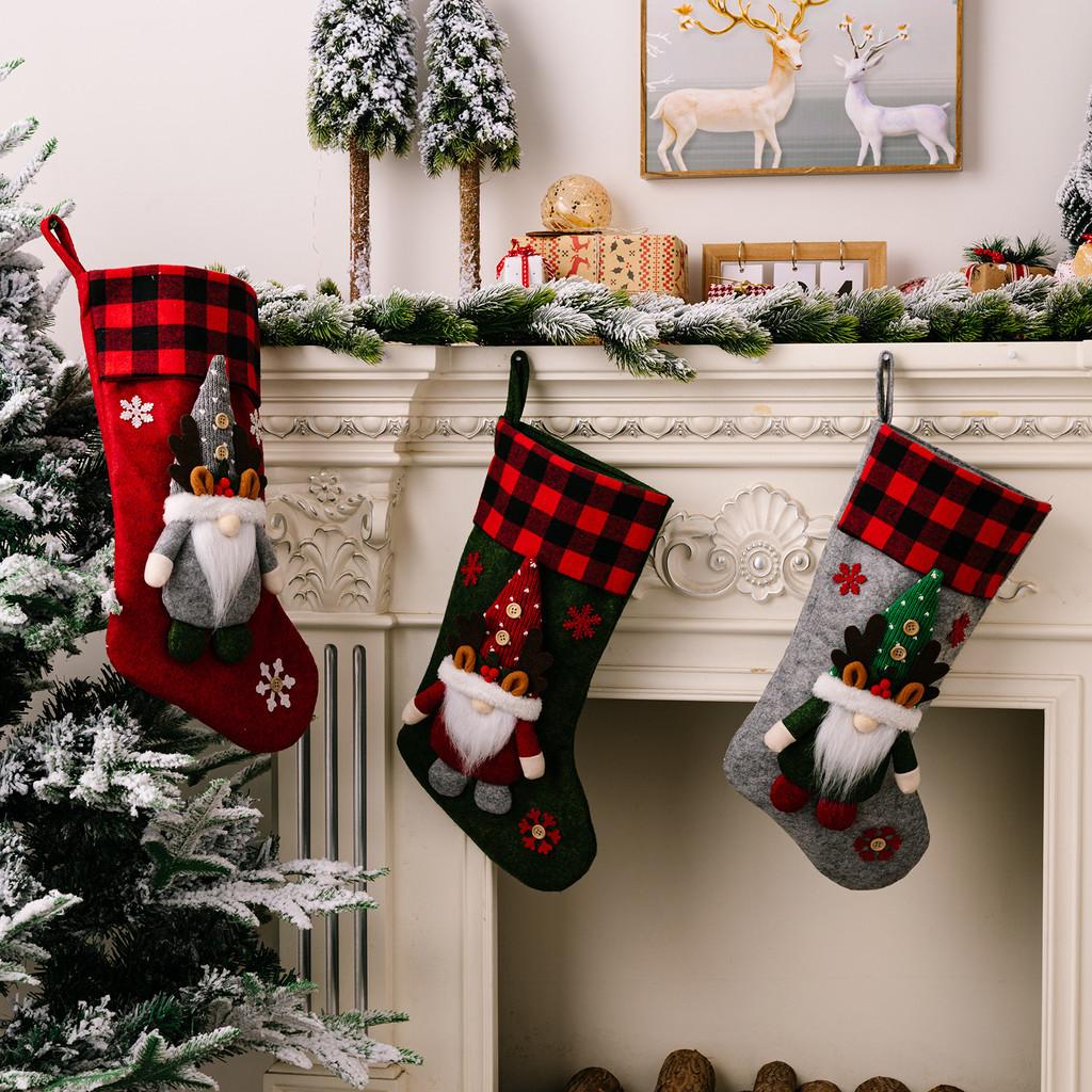 Cozy Fabric Christmas Stockings In Red Green And Gray With Snowflake Details