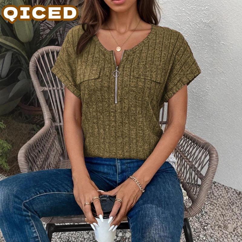 QICED Women's Fashion Casual Solid Color Print Short Sleeve O-Neck Blouses & Shirts