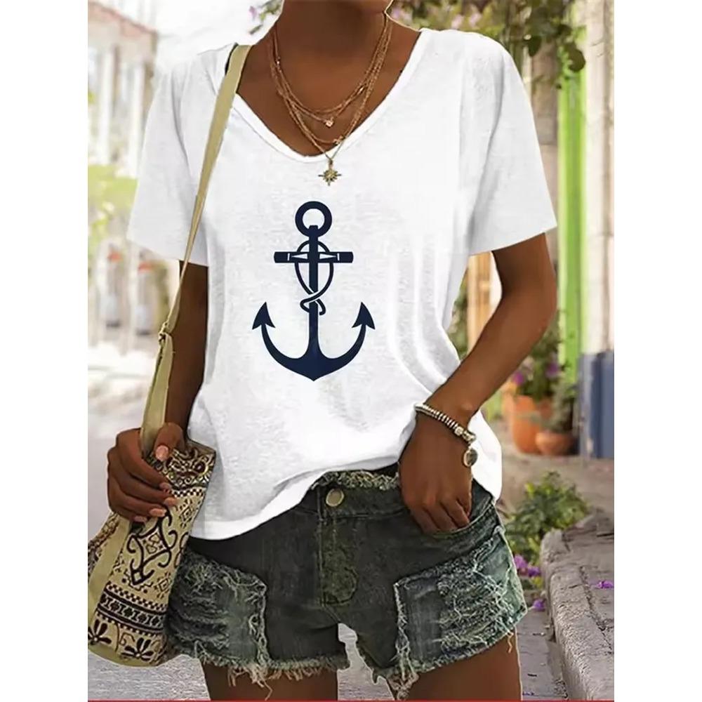 Stripe Printed T-shirt Fashionable Loose Short Sleeved Round Neck Versatile Comfortable Women's V-neck T-shirt