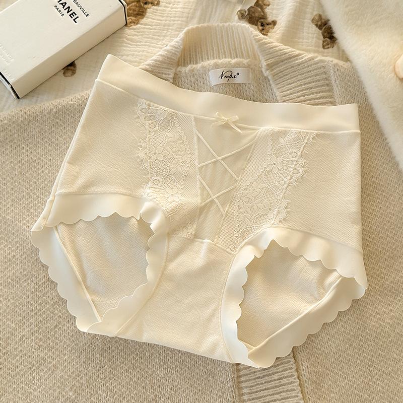 Women's Spring and Summer Lace Side Pure Cotton 10A Antibacterial Extension Crotch Light Abdominal High Briefs
