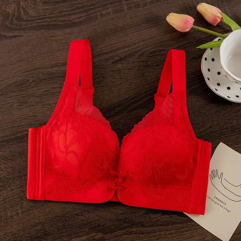 New Year's Red Bra Lace Small Breasts Gathered Adjustment Breast Bra Medium Thick Cup Sliding Cotton Bra