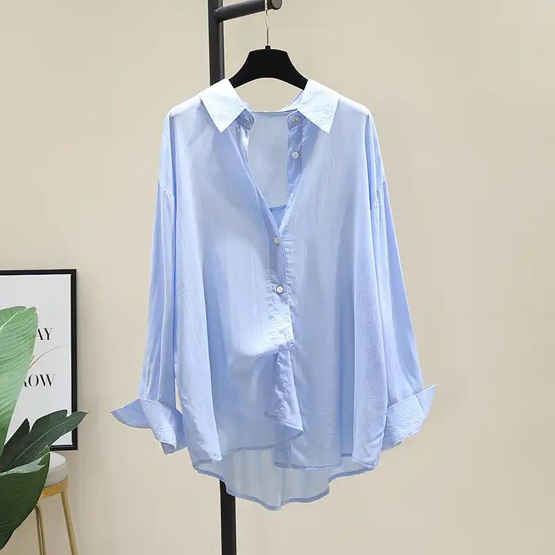 Women's White Oversized Sheer Shirt Long Sleeve Button-Down Casual Blouse with Curved Hem