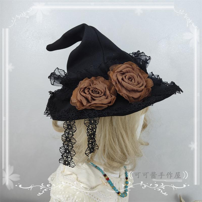 Lolita Goth Rose White Burgundy Hat for Women Multi-color Original Pointed Witch Hat Halloween Wizard Hats
