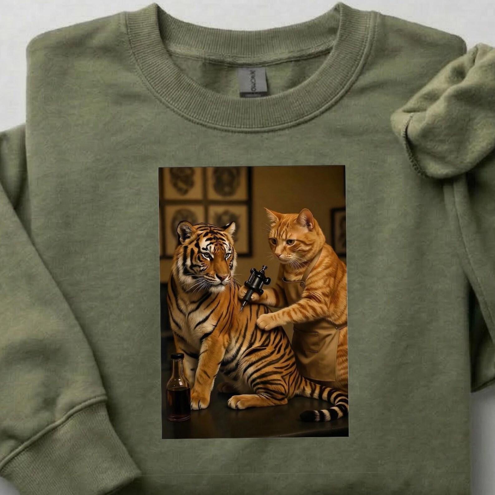 Cat Tattooing Tiger Shirt, Funny Animal Tattoo Artist Crewneck, Weird Cat T-shirt, Unique Animal Graphic Tee, Cat Lover Gift 3XL
