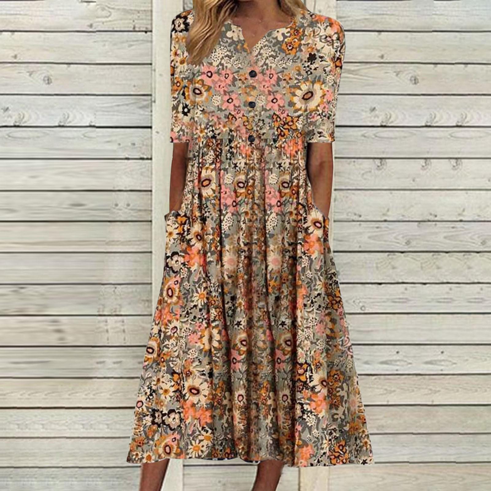 

Women s Casual Button-Up Solid Color Printed Small V-Neck Loose Short Sleeve Dress XXL коричневый