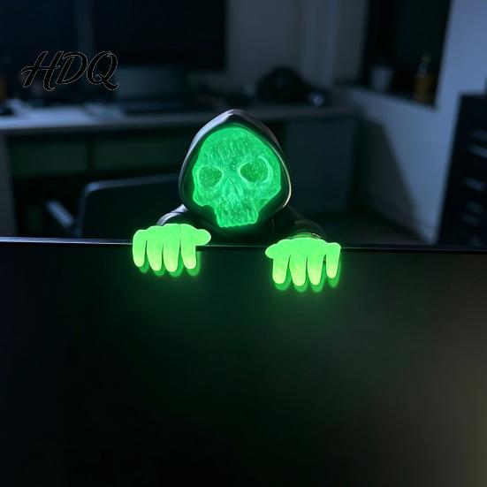 Unique Desktop Figurine Computer Monitor Skull Figurine 3D Printed Luminous Display Decor with Hooded Grim Reaper Design Halloween Horror