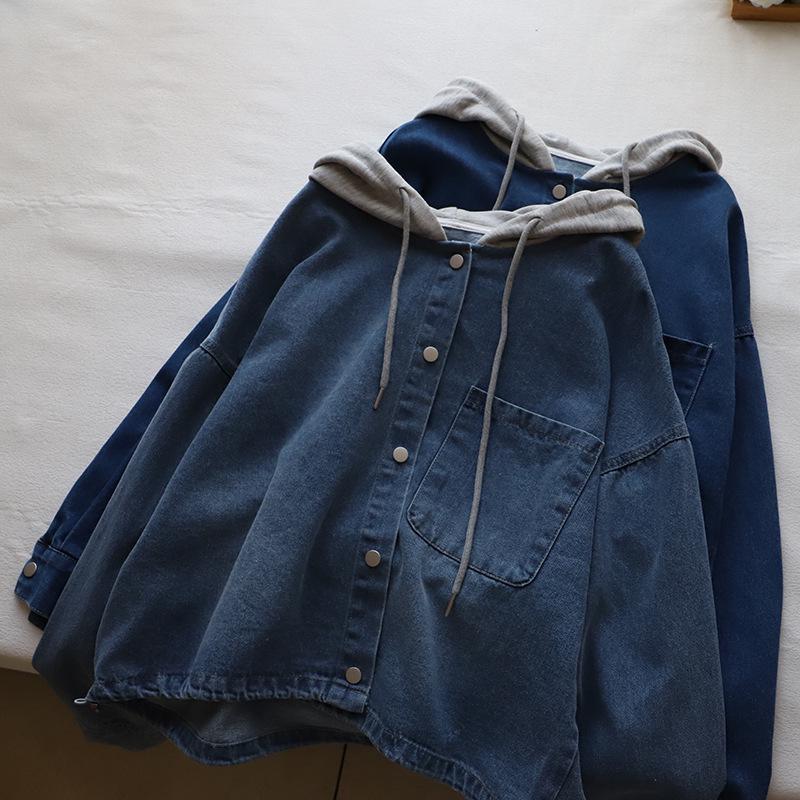 [Bi Zheng] 2025 Korean Style Patchwork Hoodie: Women's Two-Piece Loose Denim Shirt