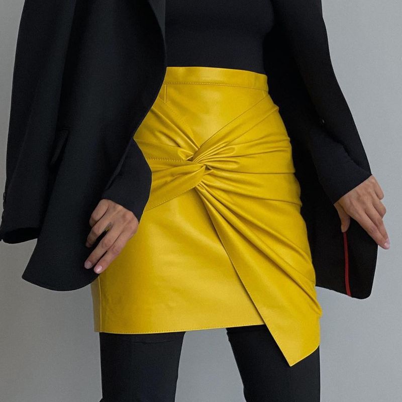 

Solid Color Zipper Hip Hugging Skirt Pure Color Zip Ruffle Hip Skirt for Women Yellow XL