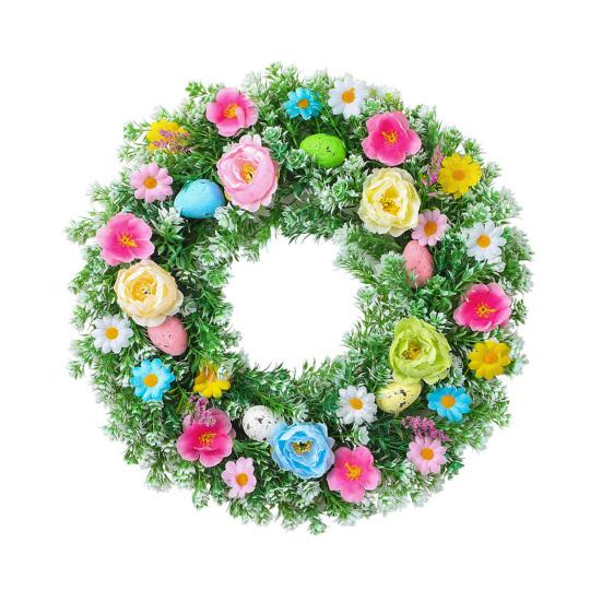 Easter Wreath for Front Door Artificial Spring Floral Wreath with Pastel Eggs for Home Indoor Outdoor