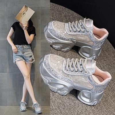 2025 Dames Rhinestone Dad Sneakers: Fritidssko i mesh for vår og sommer, tykksålede, allsidige, små størrelsesalternativer
