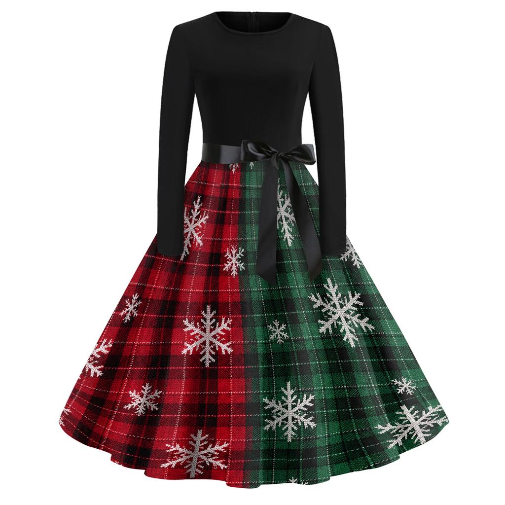 Women's Casual Christmas Print Dress with Neck, Vintage Holiday Dress