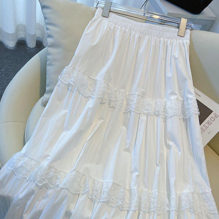 White French Tiered Cake Midi Skirt for Women - Summer High-Waist Patchwork Lace Trim Flounce Skirt