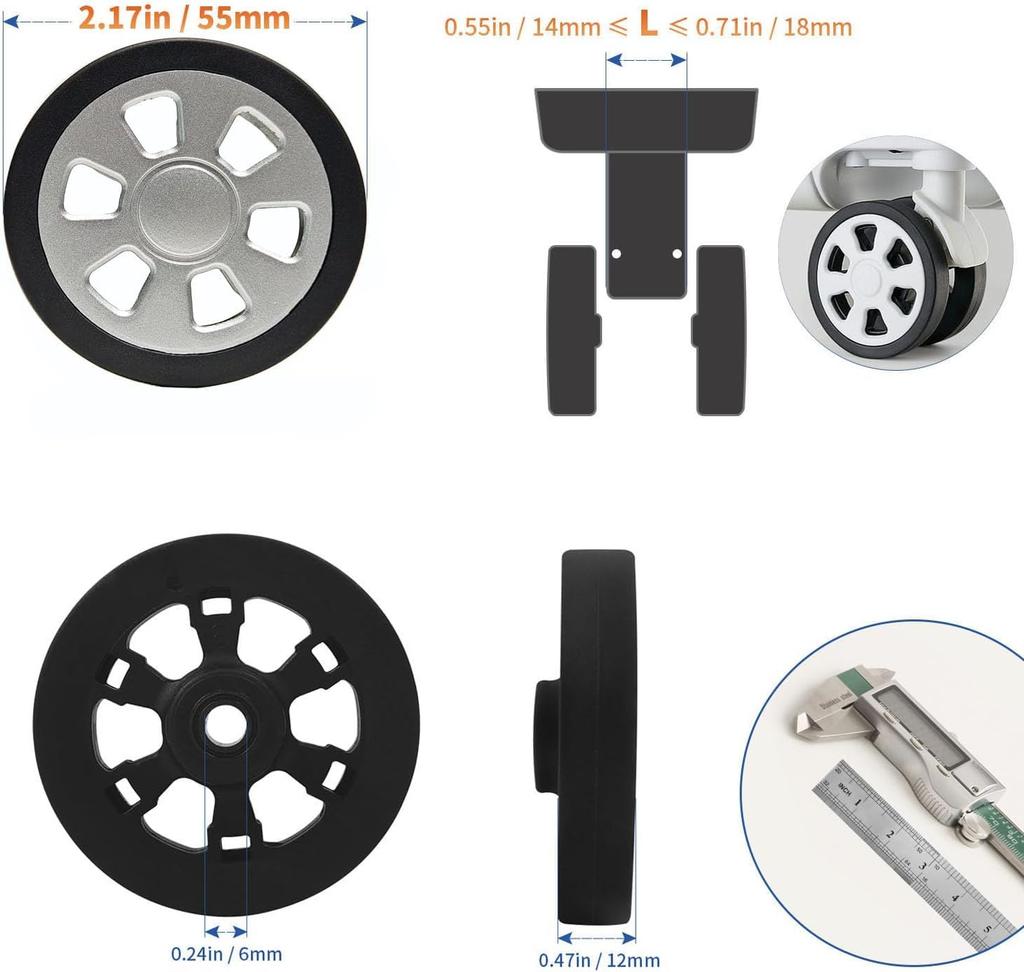 Luggage Spinner Wheel Repair Set, 4 Suitcase Tires, 2.2" Swivel