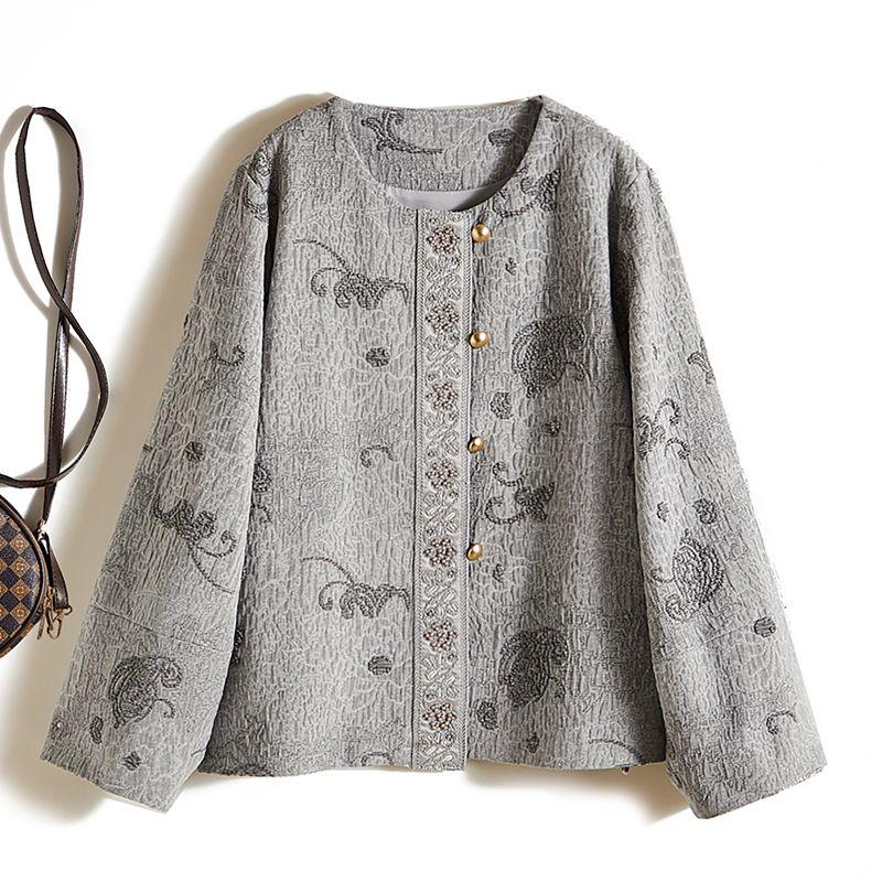 

South Korea Enters Ramie Cotton Jacquard Techniques! Trendy Women s Lantern Sleeve round Neck Single-Breasted Loose Version Outwear Yuan Not Expensive Gray 3XL