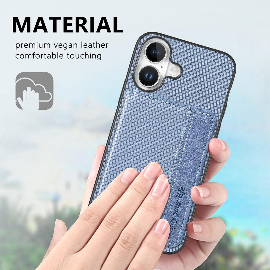 C1-02 For iPhone 16 Case RFID Blocking Card Holder Carbon Fiber Leather+PC+TPU Phone Cover