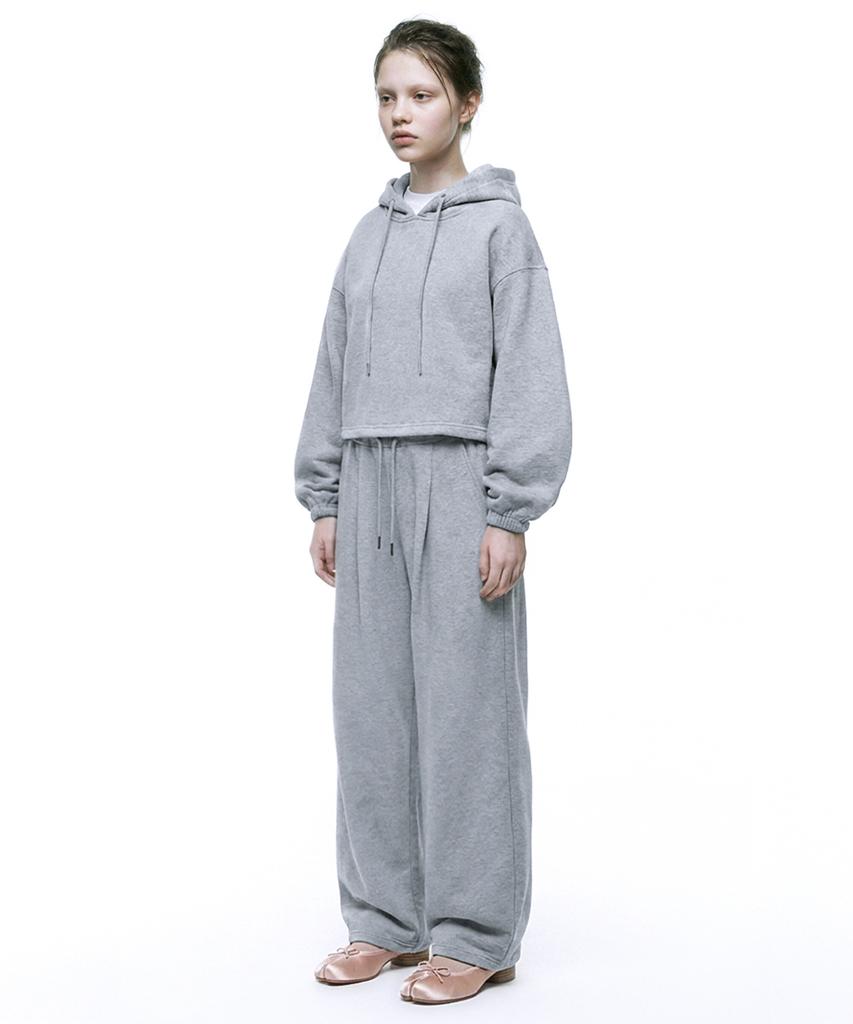 [Set] String Oversized Crop Hoodie + Single-Pleat Wide Pants - Melange
