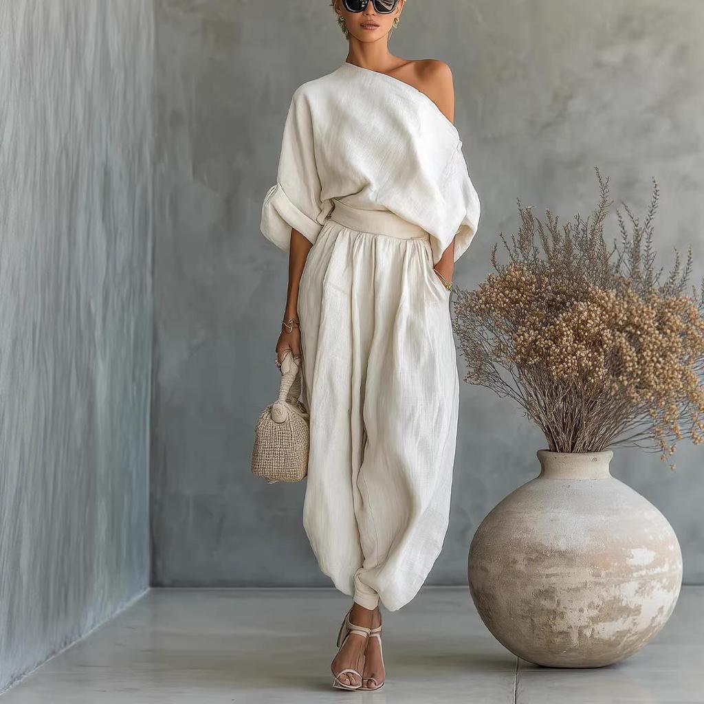 Spring 2026 European Casual Loose Cotton Linen Set: Wide-Leg Lantern Pants & Top