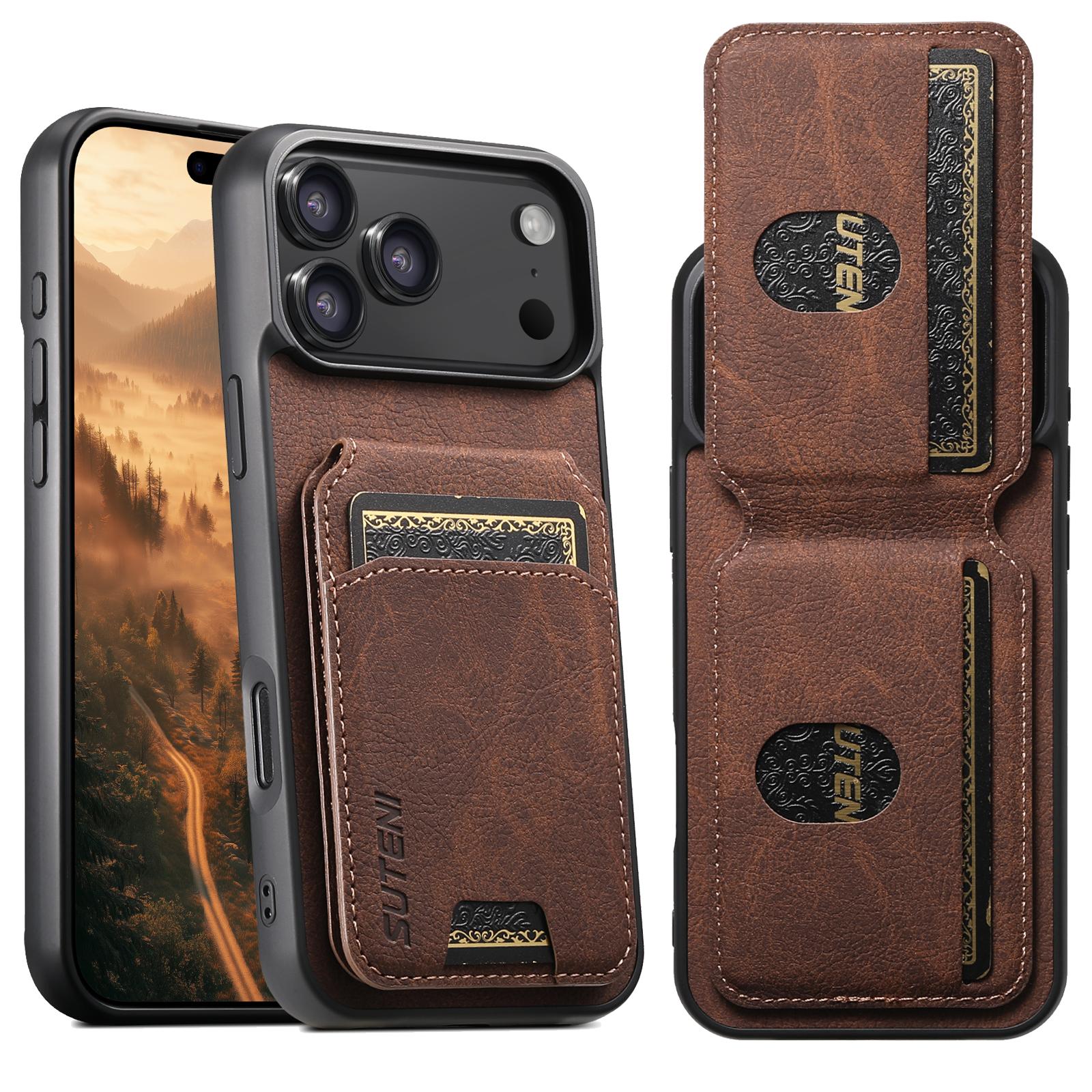

Lychee Leather SUTENI Leather Card Holder Wallet Kickstand Pbone Cover For iPhone 17 16 15 14 13 12 11 Pro Plus X Xs XR Max iPhone17 Pro Max кавовий