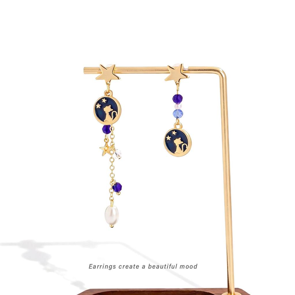 Elegant Cat Star Tassel Earrings for Women - Dreamy Niche Design with Mosquito Coil Clasp