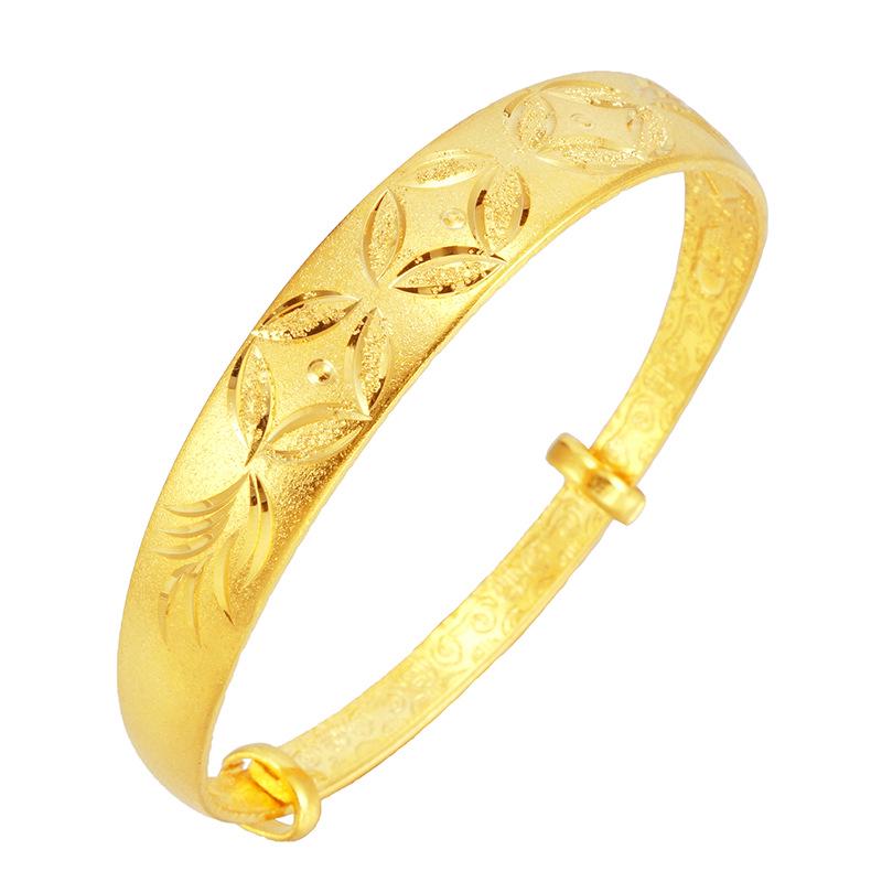 Elegant Dragon & Phoenix Vietnamese Sand Gold Bracelet: Women's 24k Gold-Plated Ancient Coin Flower Design, Adjustable Push-Pull Copper.