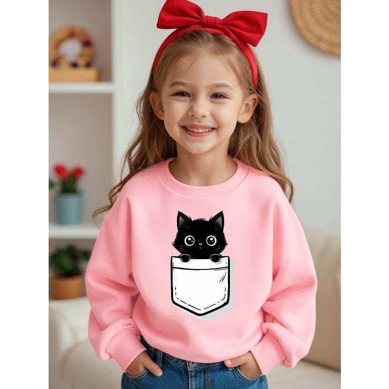 European sizes Comfortable Kids' Crewneck Sweatshirt - Casual Round Neck Design, Fun Black Cat Pocket Print, Soft Fabric