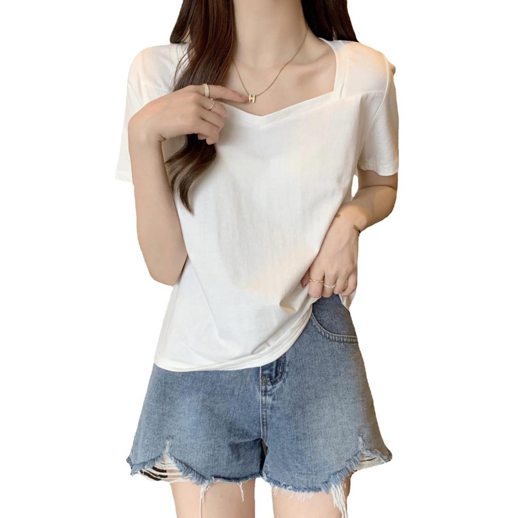 Women's Summer V-Neck Loose Fit Korean Style Short-Sleeve Solid Color Casual T-Shirt