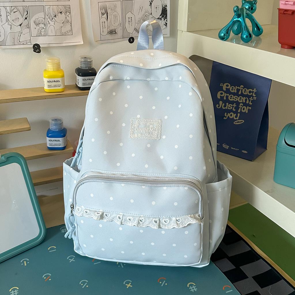 Schoolbag Milk White Polka Dot Backpack ins Niche Middle and High School Elementary School Bag Women's Lace Light Casual Backpack