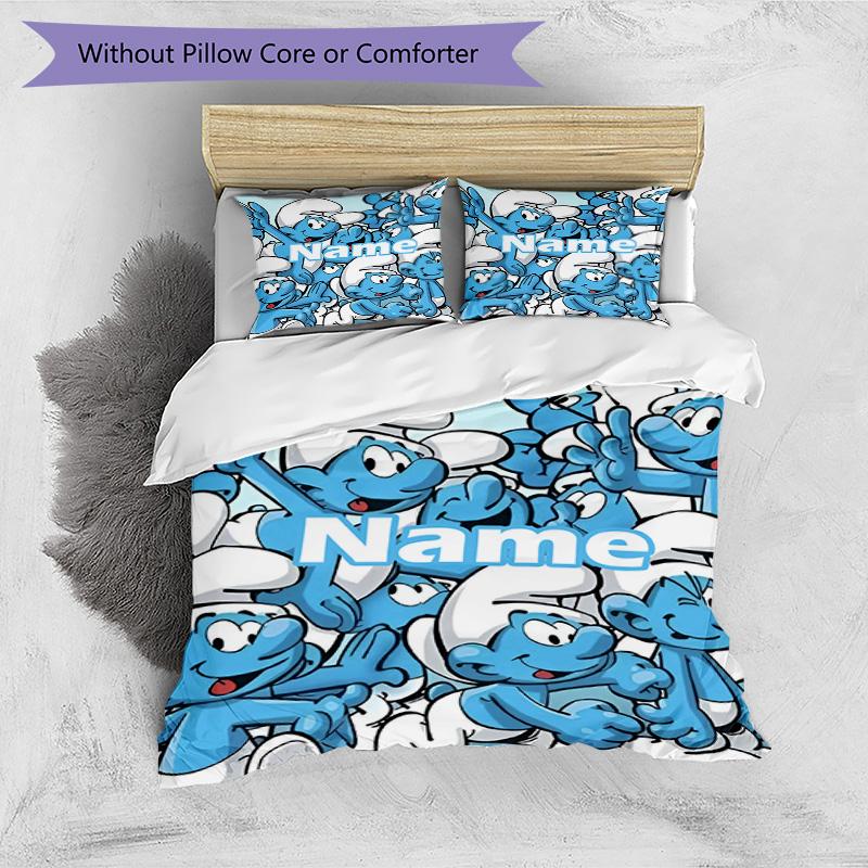3pcs Duvet Cover Set (1*Duvet Cover + 2*Pillowcase, Without Core), Custom Name Blue Smurfs Pattern Bedding Set, Home Bedroom Decor Gift